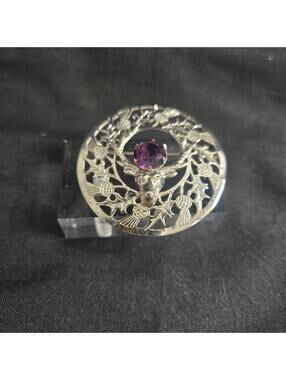 Vintage Scottish Thistle Stag Brooch Sterling Silver Amethyst Glass Pin